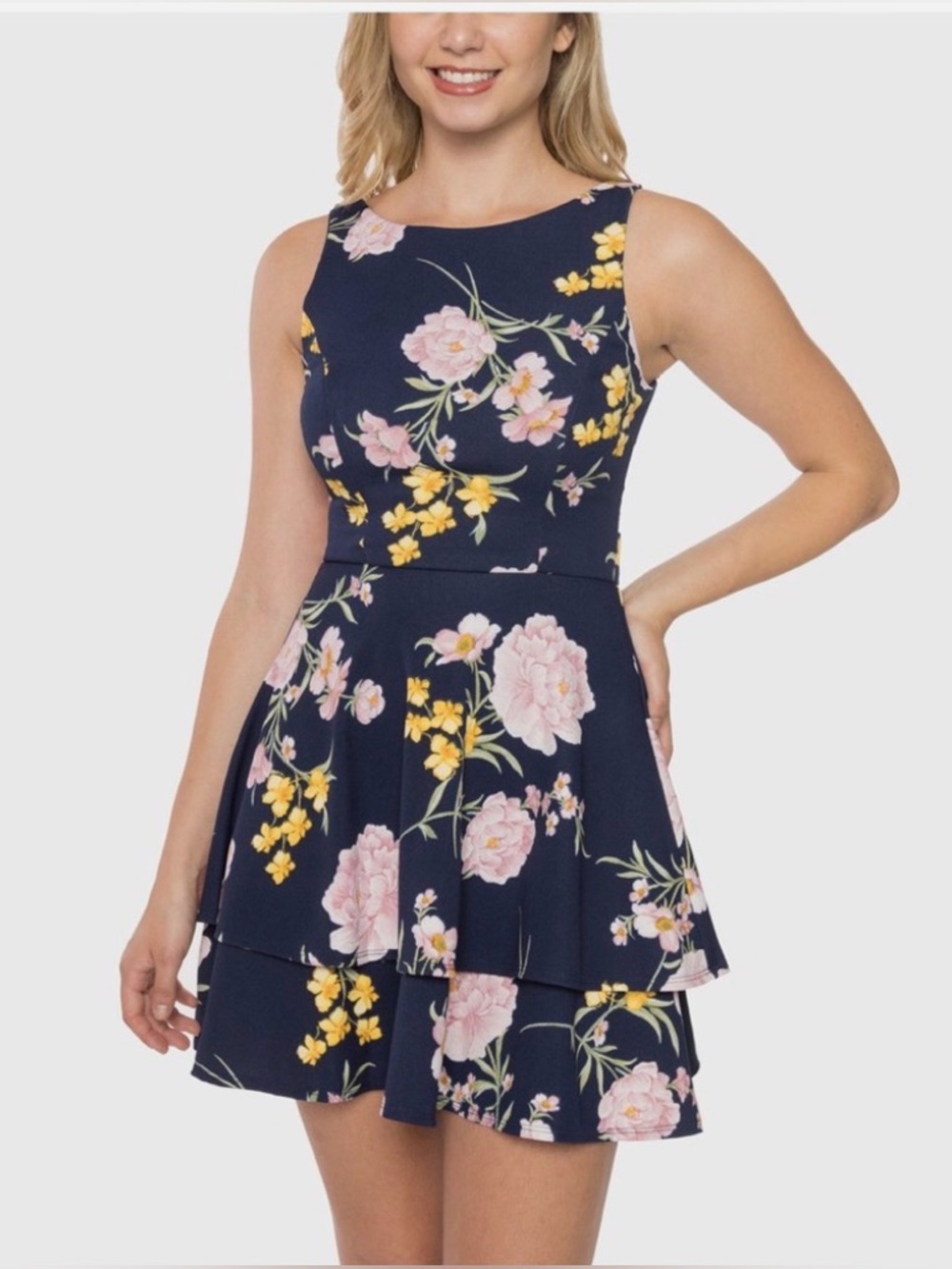 B Darlin Navy Floral Fit & Flare Dress with Pink and Yellow Blooms